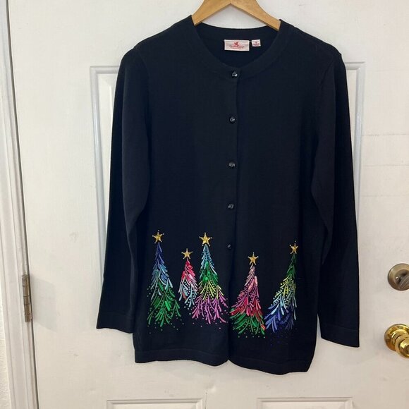 Quacker Factory Sweaters - Quacker Factory Embroidered Sequin & Stud Tree Button Front Cardigan Sz Med
